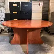 Round Meeting Room Table Pre-Owned Specs: 54W X-Base Color: Cherry *Note – This item ships only with...