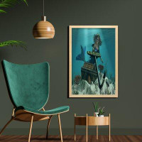 East Urban Home Ambesonne Mermaid Wall Art With Frame, Mermaid In Ocean Discovering Pirates Treasure Chest Mythical Art
