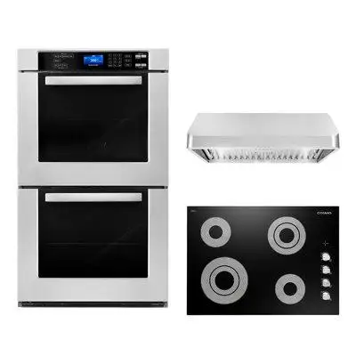 Cosmo 3 Piece Kitchen Package With 30" Electric Cooktop 30" Under Cabinet Range Hood 30" Double Electric Wall Oven