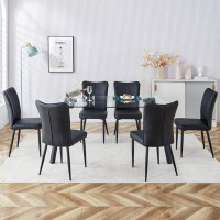 George Oliver 6-piece Glass Dining Set: 0.31-inch Tempered Tabletop With Black Metal Legs & Pu Chairs 1123 008