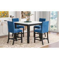 Red Barrel Studio -piece Counter Height Dining Set With Faux Marble Top Table And Velvet Chairs, Blue