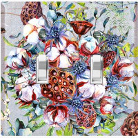 WorldAcc Metal Light Switch Plate Outlet Cover (Cotton Flower Ornament Feather Blue  - Double Toggle)