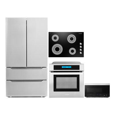 Cosmo 4 Piece Kitchen Package with French Door Refrigerator & 24" Electric Cooktop & Wall Oven in Refrigerators
