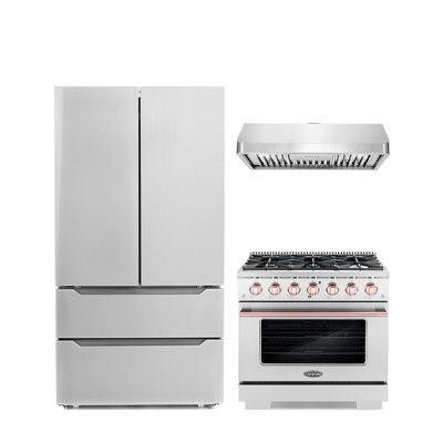 Cosmo Cosmo 3 Piece Kitchen Appliance Package with French Door Refrigerator , 36'' Gas Freestanding Range , and Under Ca in Refrigerators