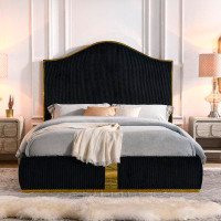 House of Hampton Elegant Queen Size Corduroy Upholstered Bed Frame: 59.5" Tall Headboard, Stylish Metal Decor - No Box S