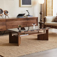 POWER HUT Nordic Japanese North American Small Apartment Coffee Table Solid Wood Glass Rectangular Double-Layer Coffee T