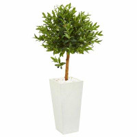 Fleur De Lis Living 4ft. Olive Topiary Artificial Tree in White Planter UV Resistant (Indoor/Outdoor)