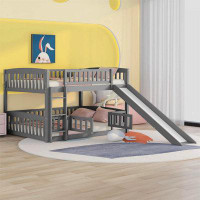 Harriet Bee Bunk Bed With Slide,Full Over Full Low Bunk Bed With Fence And Ladder For Toddler Kids Teens Grey