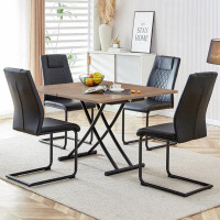 Rosefray Minimalist Lifting Table With Wood Grain Top & 4 Faux Leather Chairs, Black Metal Frame