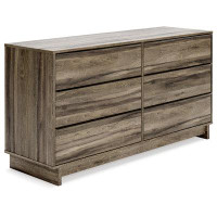 Millwood Pines 59 Inch Dresser, 6 Gliding Drawers, Weathered Brown, Oak Grain Texture