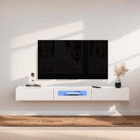 Latitude Run® White Floating Tv Stand With Led Lights And Glass Door,63'' Wall Mounted Tv Shelf