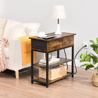 17 Stories End Table With Charging Station, Flip Top Side Table With Fabric Drawer, Narrow Nightstand With USB Ports And