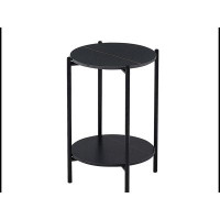 MR 2-layer End Table with Whole Marble Tabletop, Round Coffee Table with Black Metal Frame