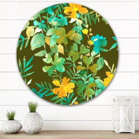 East Urban Home Yellow And Green Tropical Plants On Dark Green - Patterned Metal Circle Wall Art