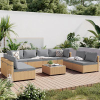 Wade Logan Patio Conversation Set 9-Piece Beige Wicker with Dark Grey Cusions and Side Table