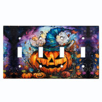 WorldAcc Metal Light Switch Plate Outlet Cover (Halloween Spooky Pumpkin Witch Hat - Quadruple Toggle)