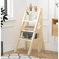 Inbox Zero Solid Wood Step Folding Ladder Chair,Multifunction Wood Folding Stool For Home Kitchen Library Ladder Chair