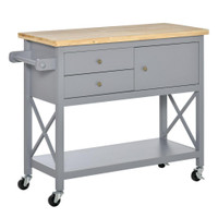 UTILITY KITCHEN CART ROLLING KITCHEN ISLAND STORAGE TROLLEY WITH RUBBERWOOD TOP, 2 DRAWERS, TOWEL RACK, GRAY
