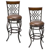 Darby Home Co Darby Home Co Callan 30 Swivel Bar Stool, Brown Leatherette Seat Cushion, Scroll Backrest With Real Wood A