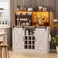 Gracie Oaks Viny Farmhouse Wine Coffee Bar Cabinet with LED Lights, Sliding Barn Door, Outlet & Glass Rack