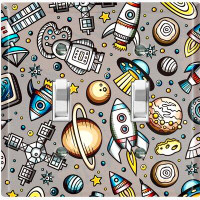 WorldAcc Metal Light Switch Plate Outlet Cover (Rocket Ship Space Planet Astronaut Grey  - Double Toggle)
