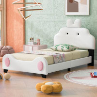Zoomie Kids Upholstered Platform Bed with Cartoon Headboard and Footboard, White+Pink