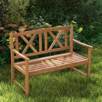 Latitude Run® Patio Garden Bench Loveseat - 2-Person Acacia Wood Bench With Armrest, Backrest, Sturdy Frame, 800Lbs Capa