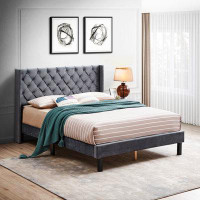 House of Hampton Flann Button Tufted-Upholstered Bed with Wings Design