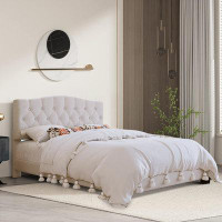 Winston Porter Wooden Frame, Platform Bed with Saddle Curved Headboard and Tufted buttons for Bedroom, Full Size