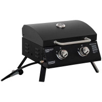 Outsunny 2 Burner Propane Gas Grill Outdoor Portable Tabletop BBQ With Foldable Legs, Lid, Thermometer For Camping, Picn