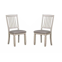 August Grove Dining Room Furniture Set Of 2Pcs Side Chairs Antique White Solid Wood Slats Back Light Grey Padded Fabric