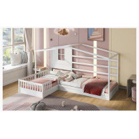 Latitude Run® Wood House Bed , 2 Twin Solid Bed L structure with fence and slatted frame