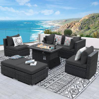 Latitude Run® Mirisola 7 Piece Patio Rattan Sofa Set with Fire Pit Table Ottomans and  Cushions