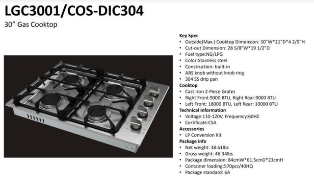 NEW STAINLESS STEEL 30 IN & 36 IN GAS COOKTOP in Stoves, Ovens & Ranges in Winnipeg