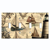 WorldAcc Metal Light Switch Plate Outlet Cover (Rustic Light House Nautical Boat - Quadruple Toggle)