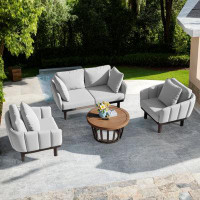 Latitude Run® Modern Sofa Patio Chat Set Luxury 4-piece Outdoor Iron Frame Conversation Set With Acacia Wood Table