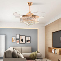House of Hampton 42" Invisible Ceiling Fan Chandelier, Modern Crystal Light With Remote Control, 4 Retractable ABS Blade