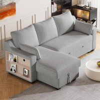 Ebern Designs 90" L-Shaped Sleeper Sofa Couch Convertible Sofa Bed with Storage Chaise and USB Ports