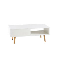 Bay Isle Home™ 41.34" Rattan Coffee Table, Sliding Door For Storage, Solid Wood Legs, Modern Table  For Living Room ,Whi