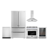 Cosmo 5 Piece Kitchen Package With 36" Freestanding Gas Range  36" Island Range Hood 24" Built-in Fully Integrated Dishw