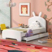 Zoomie Kids Twin Size Upholstered Platform Bed with Cartoon Ears Shaped Headboard and 2 Drawers