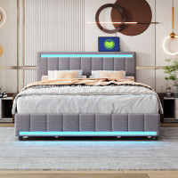 Ivy Bronx Queen Size Upholstered Bed With LED Light And 4 Drawers
