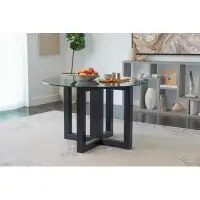 Latitude Run® Kaedis Glass Top Dining Table With Wood Base, Black