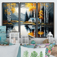 Design Art Cabin By The Lake In Summer I - Farmhouse / Country Canvas Wall Art Set