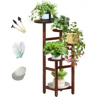 Arlmont & Co. 5 Tiered Plant Stand Indoor With 5PCS Plant Saucer And Gardening Tool, Upgrade Wood Plant Shelf Outdoor Fo
