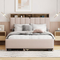 Red Cloud Upholstered Platform Bed With Storage Headboard, Trundle & 2 Drawers And A Set Of Sockets & USB Ports, Linen F