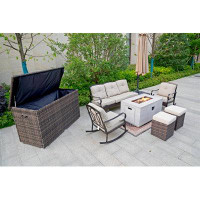 Winston Porter Naturino 6-Piece Gas Fire Pit Table Set, A Sofa, 2 Rocking Chair, 2 Ottomans And A Storage Box