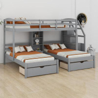 Harriet Bee Twin Over Twin&Twin Bunk Bed, Triple Bunk Bed With Drawers, Staircase With Storage, Built-In Shelves