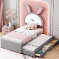 Zoomie Kids Twin Size Upholstered Platform Bed With Trundle And 3 Drawers, Rabbit-Shaped Headboard With Embedded LED Lig