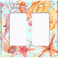 WorldAcc Metal Light Switch Plate Outlet Cover (Sea Horse Crab Star Fish Coral Light Blue  - Double Rocker)